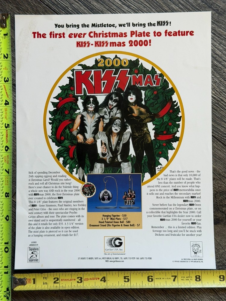KISS Ad Flyer Gartlan Kissmas Plate & Ornament 2000 Vintage Kiss Memorabilia