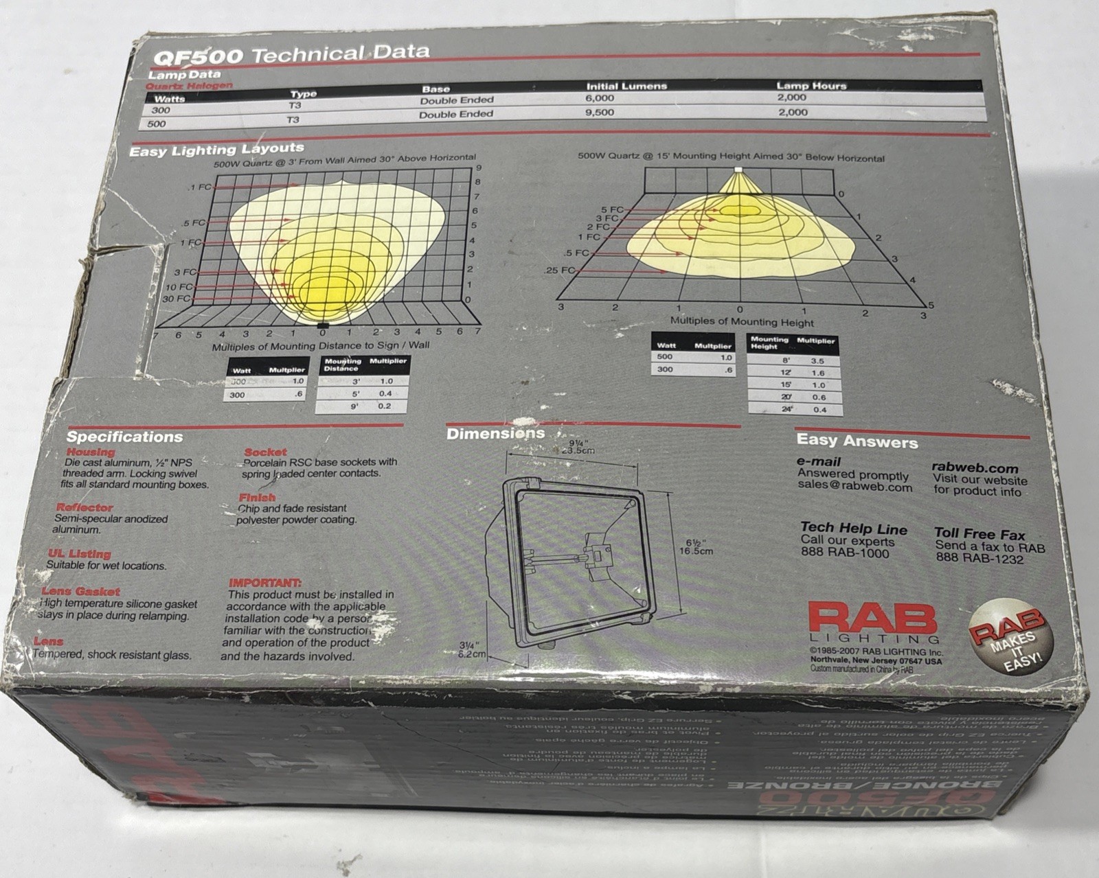 RAB QF500 Bronze Quartz Halogen Outdoor Floodlight lamp, Unused-Missing Bulb