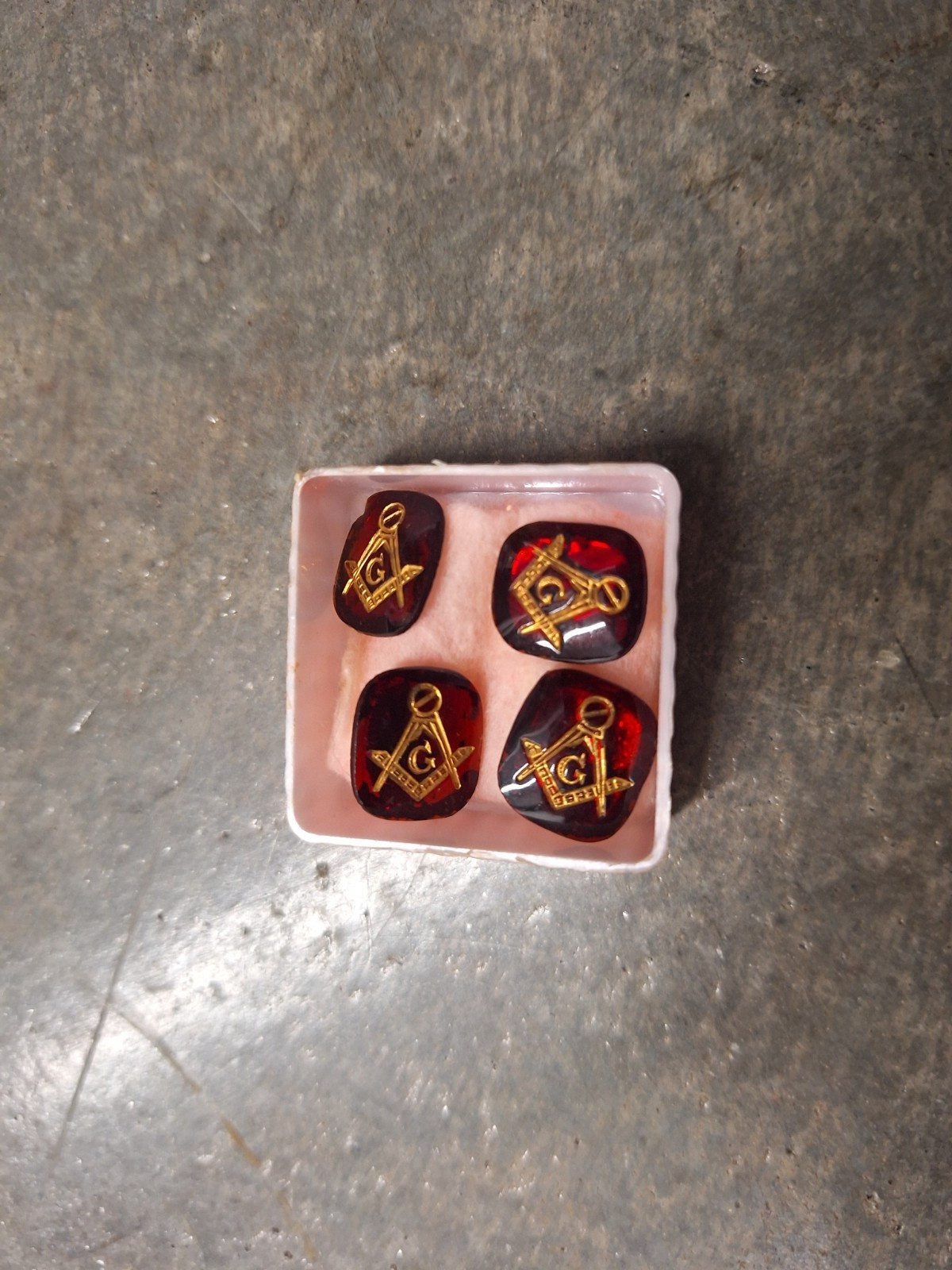 Vintage West German Ruby Red Glass Beads - total of 4, gold letters & graphics