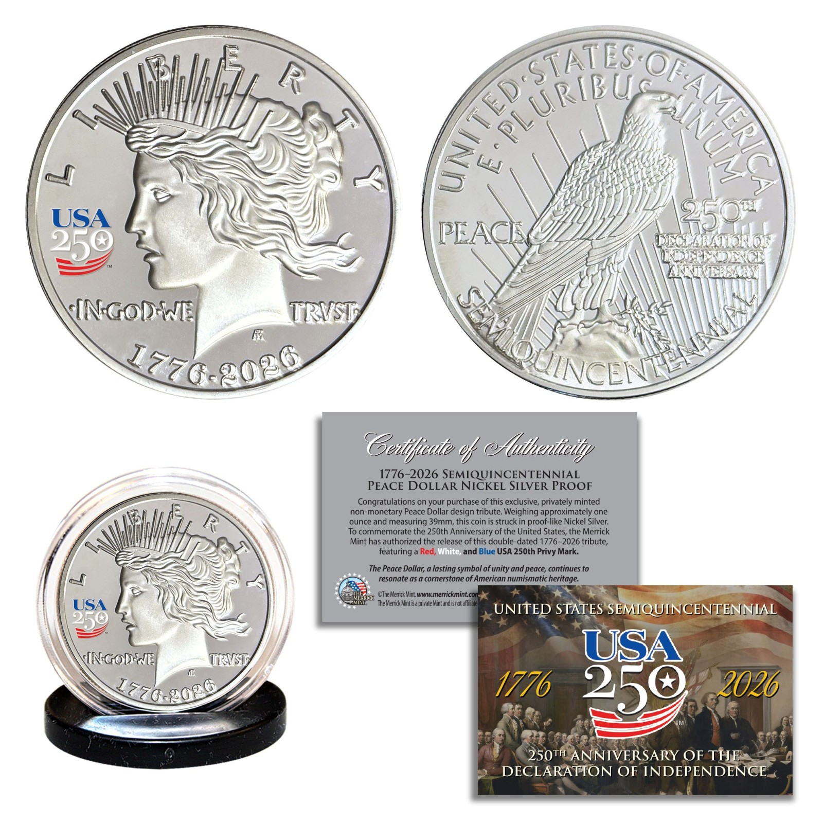 1776-2026 America 250 Privy PEACE DOLLAR Nickel-Silver Proof Tribute 1 OZ Coin