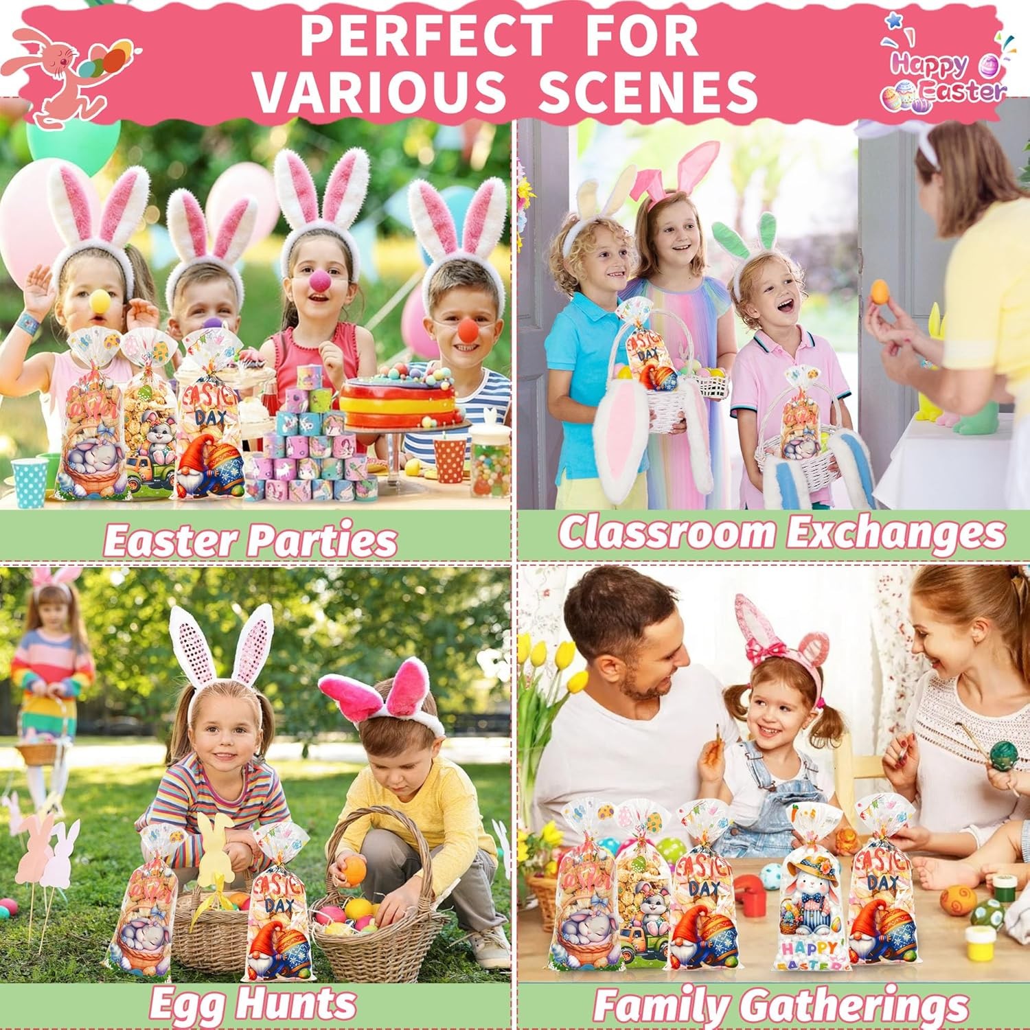 50 Pcs Easter Cellophane Treat Bags: Clear Easter Cellophane Goodie Bags with 60