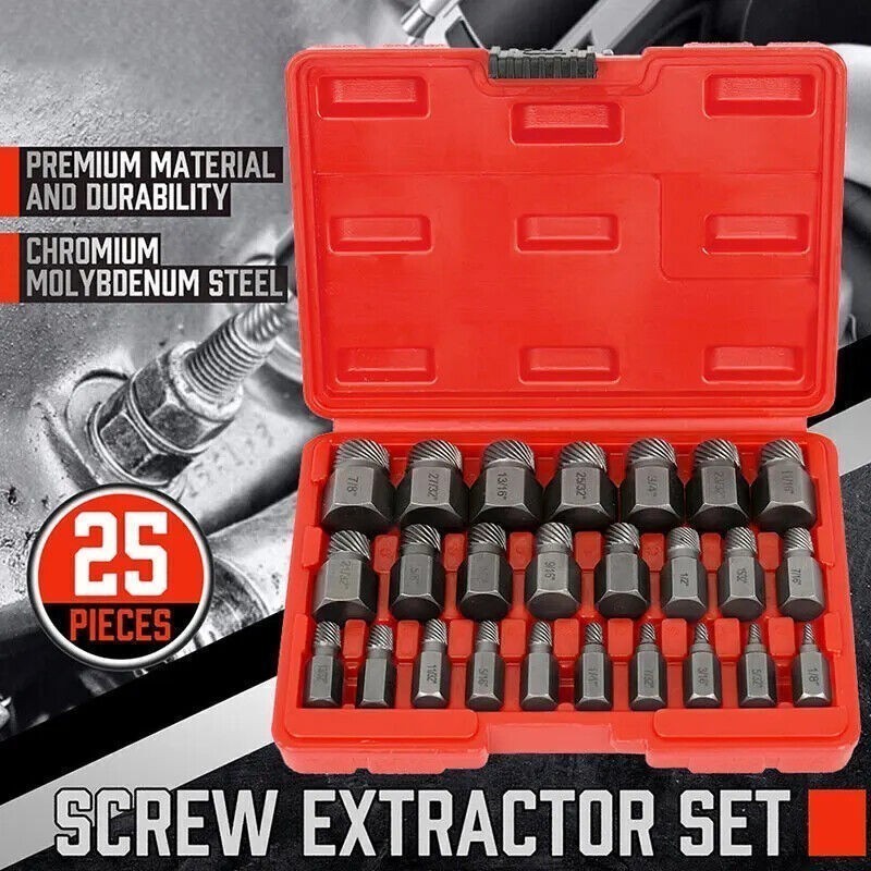 25 Pcs Multi-Spline Screw Extractor Set Hex Head Bit Socket Wrench Bolt Remover