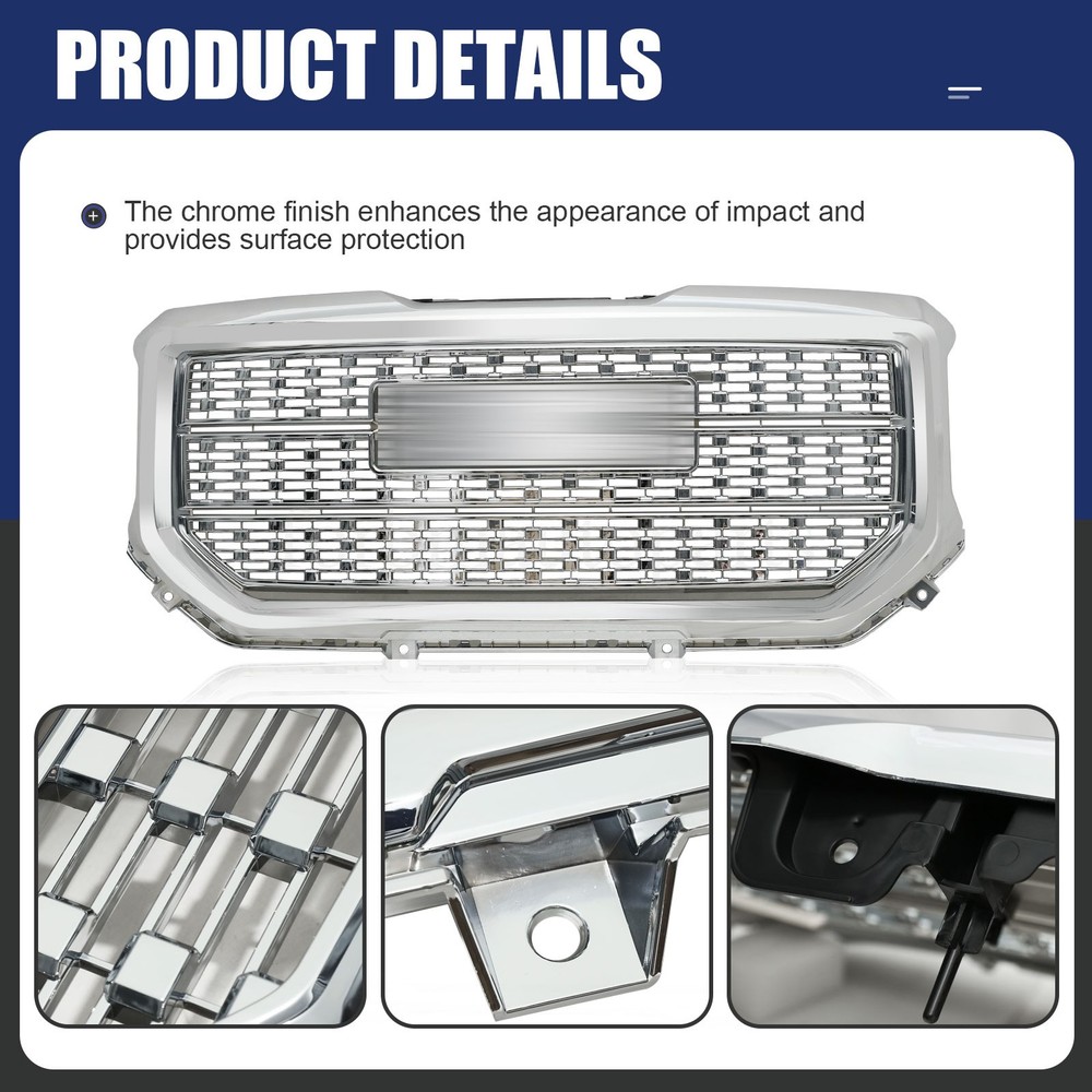 Chrome Front Bumper Upper Grille Denali Style For GMC Sierra 1500 2016 2017 2018