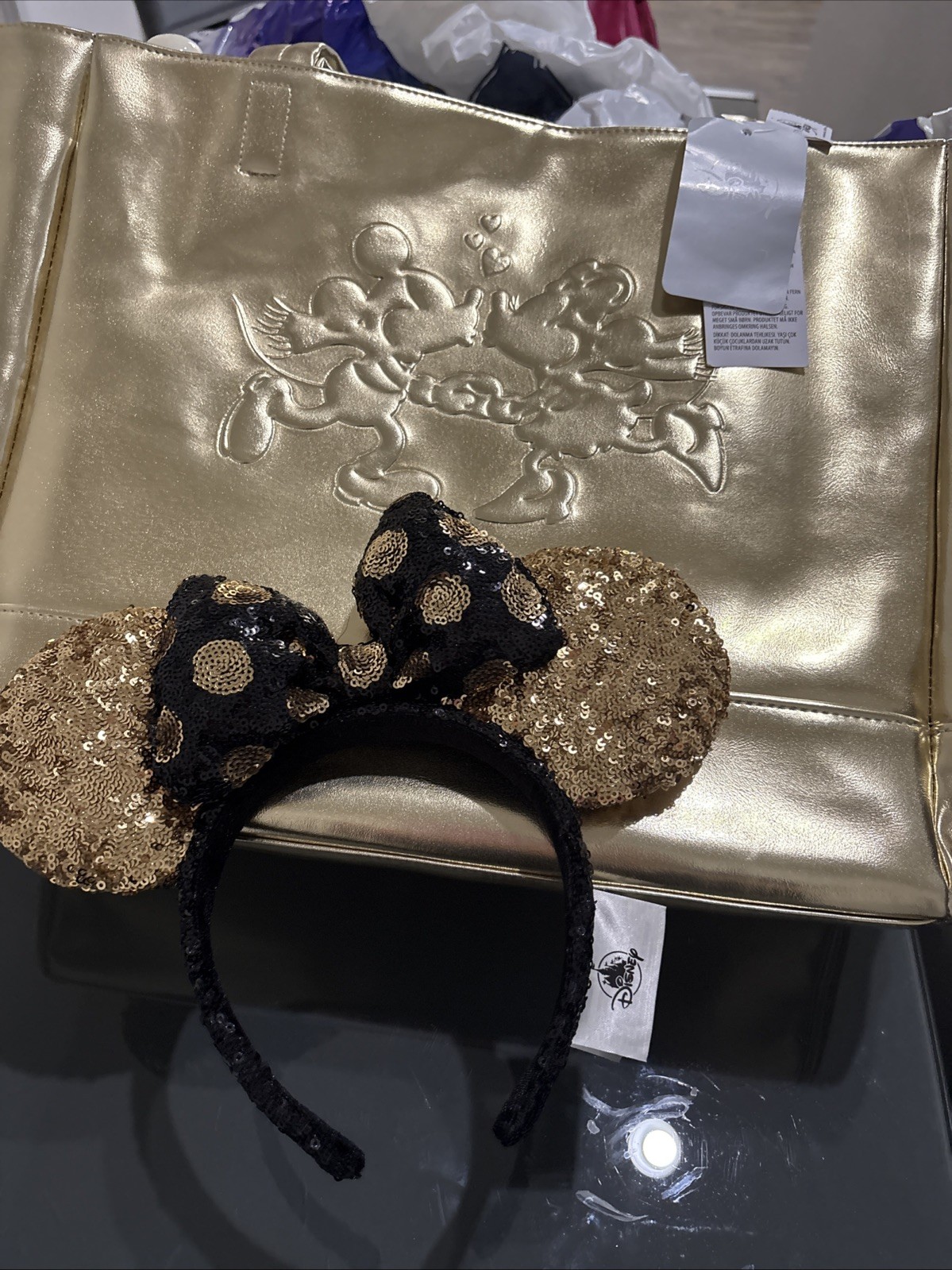 Disney Parks Mickey & Minnie Kissing Skating Gold Heart Briar Large Tote Bag NWT