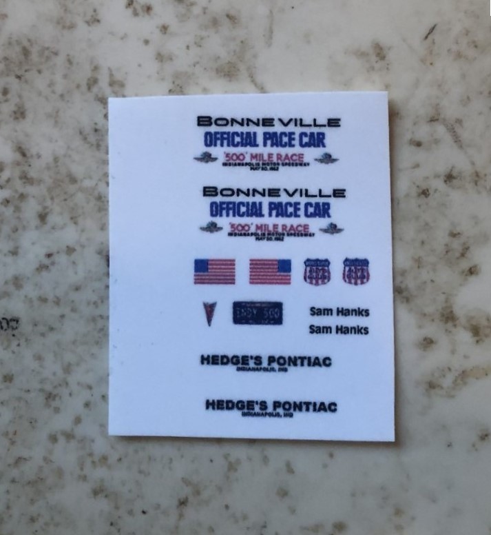 1/64 ho White BONNEVILLE slot car DECAL sheet-INDY 500  PACE CAR
