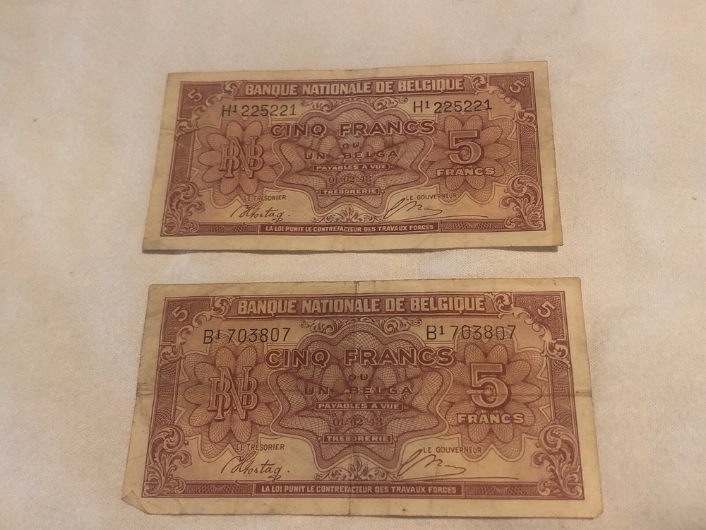 2 - 1943 Belgium - 5 Franc Notes WWII Era - Circulated