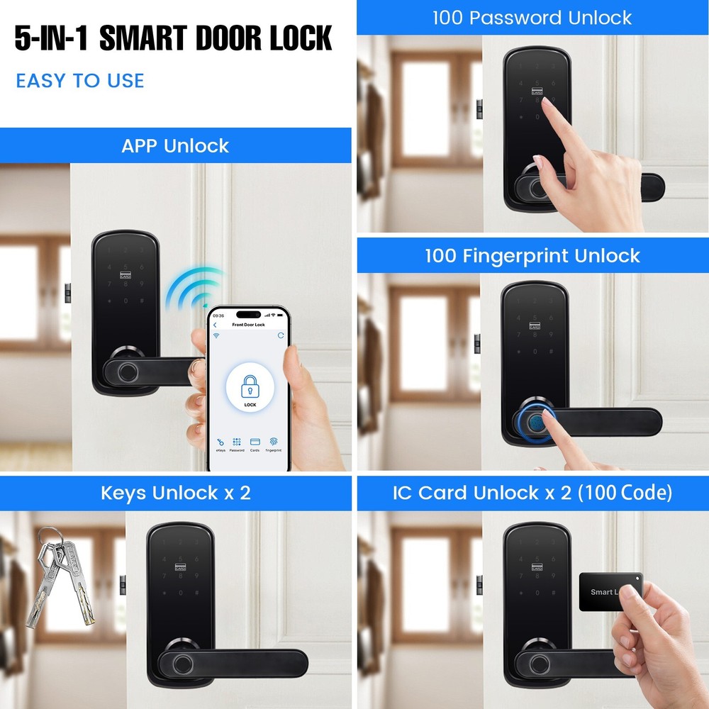 5-in-1 WiFi Smart Door Lock Fingerprint+IC+Code Passcode+Keys+APP Control Unlock