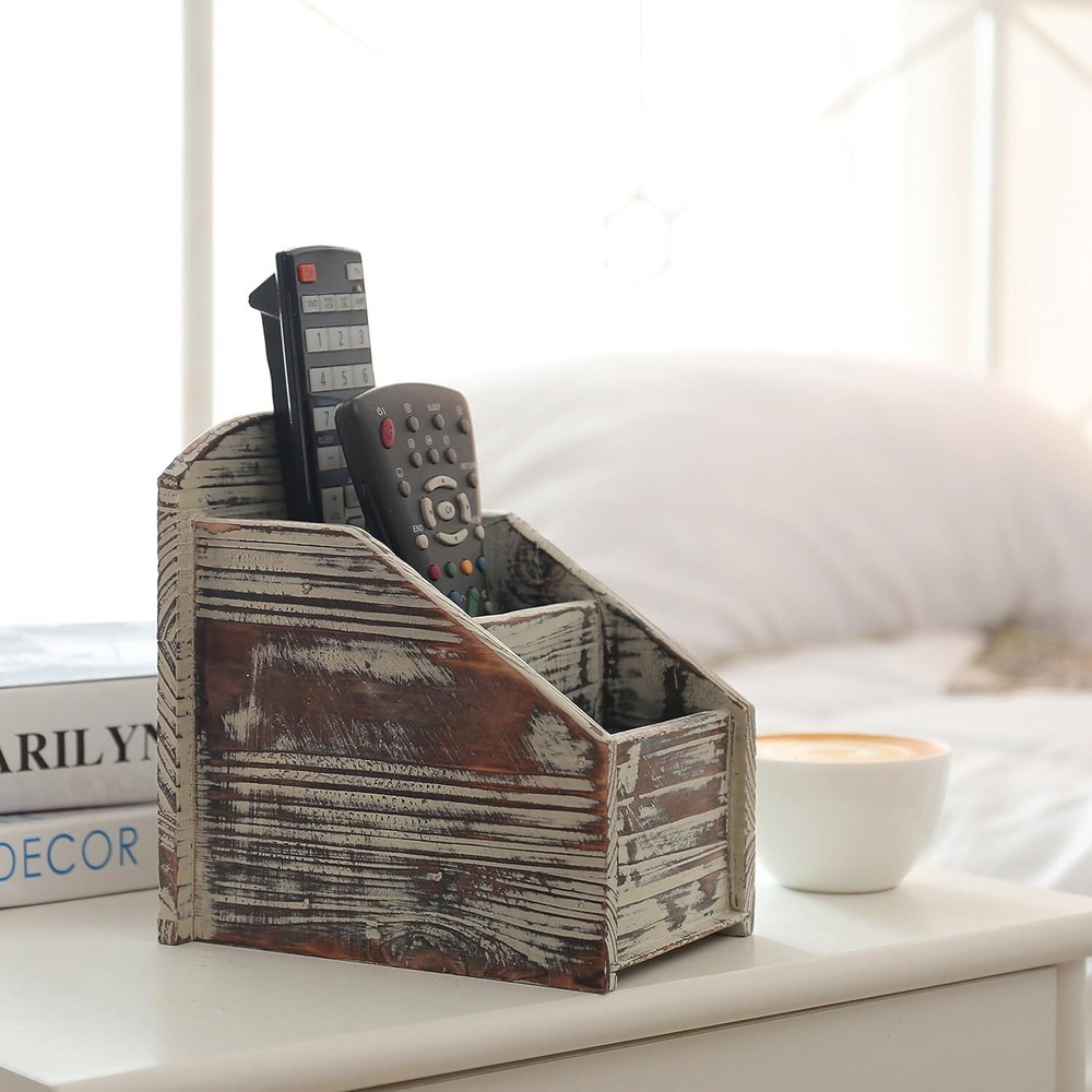 MyGift Rustic Torched Wood Remote Control Holder for Small,