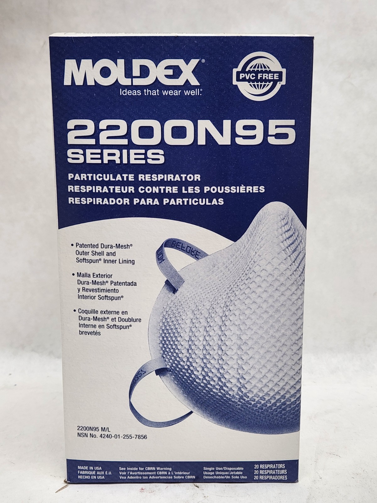 (1 box) Moldex 2200N95 Respirator Mask, Medium/Large 20 Masks per Box