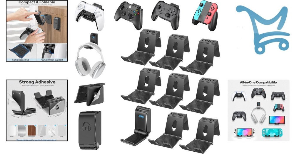 Controller & Headset Wall Mount Holder Stand Pack of 9 Space-Saving Gaming Or...