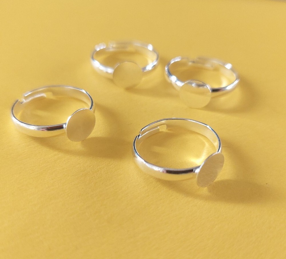 Adjustable Ring Blanks Silver Settings Brass with 8mm Pad Glue On Shanks 4pcs