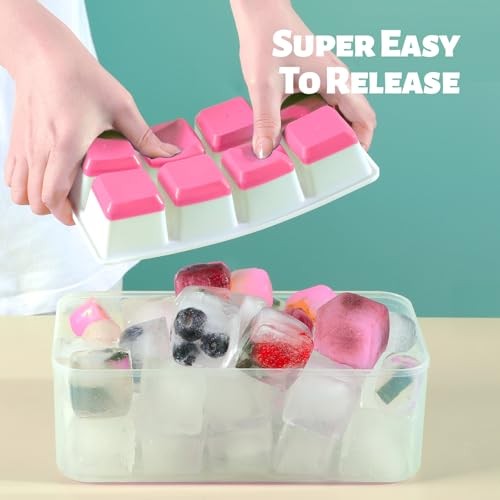 Large Ice Cube Trays with Lid, 2 Pack Stackable Silicone Ice Cube Molds Pink