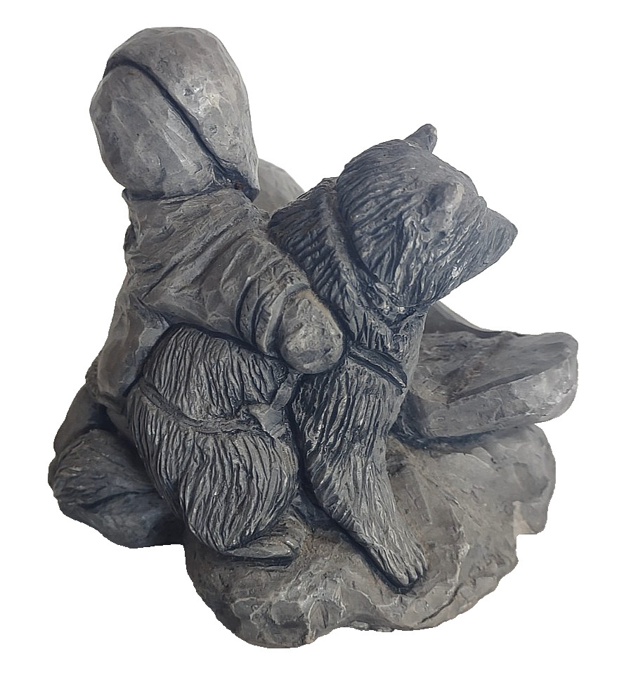 Vintage Signed G 85 Soapstone Alaska Inuit Man With Dog & Sled Sculpture