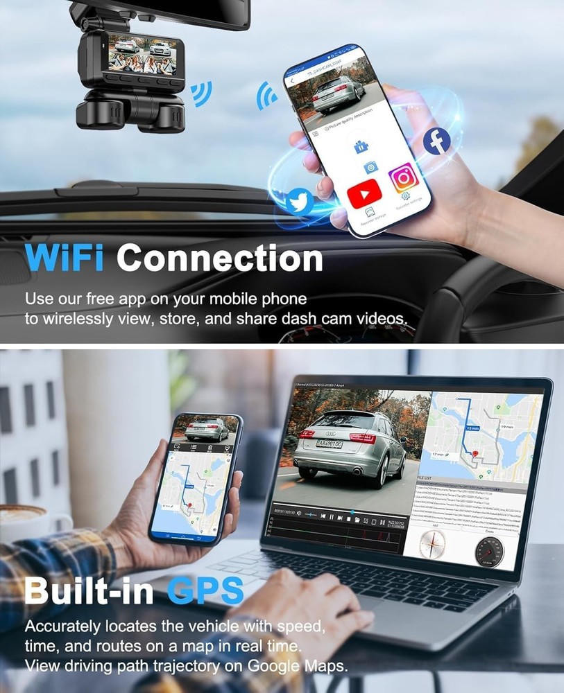 360° Front Rear Inside Dash Cam Loop Recording G-Sensor Dashcam 3.18” IPS Screen