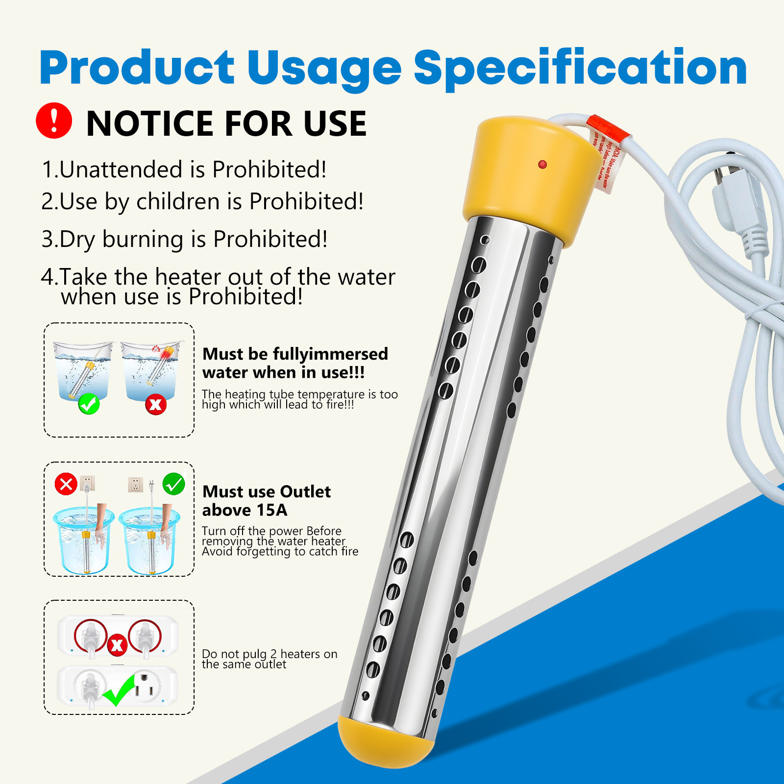 1500W 110V Water Heater Portable Electric Immersion Element Bucket Boiler Travel