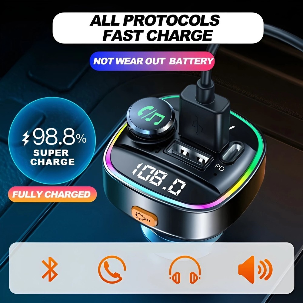 Bluetooth 5.0 Car Wireless FM Transmitter Adapter USB PD Charger AUX Hands Free