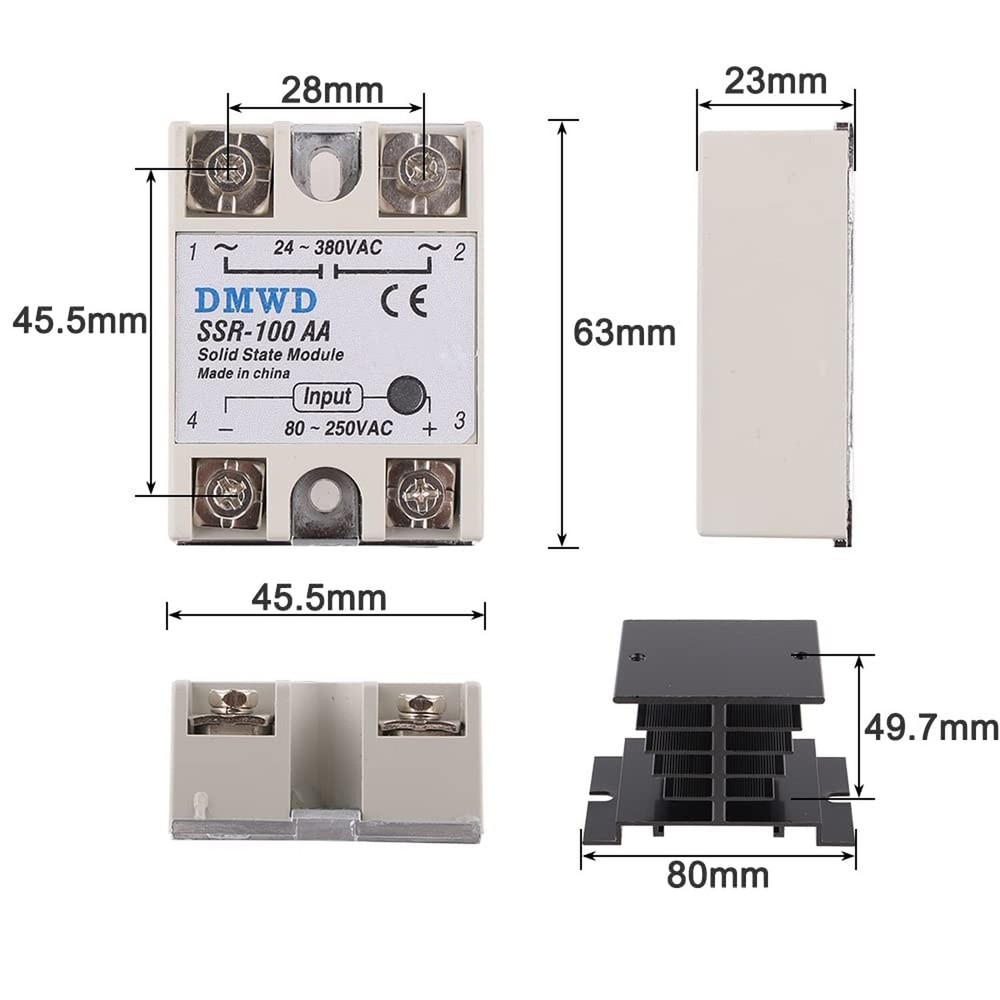 SSR-100AA Solid State Relay AC to AC (Input 80-250V AC Output 24-380V AC) wit...