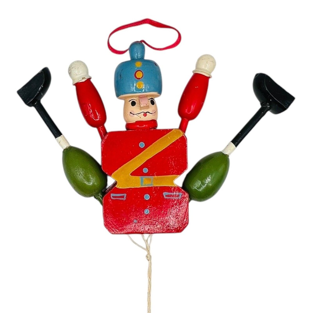 VTG Wood Toy Soldier Nutcracker Pull String Jumping Jack Ornament Russian 7”