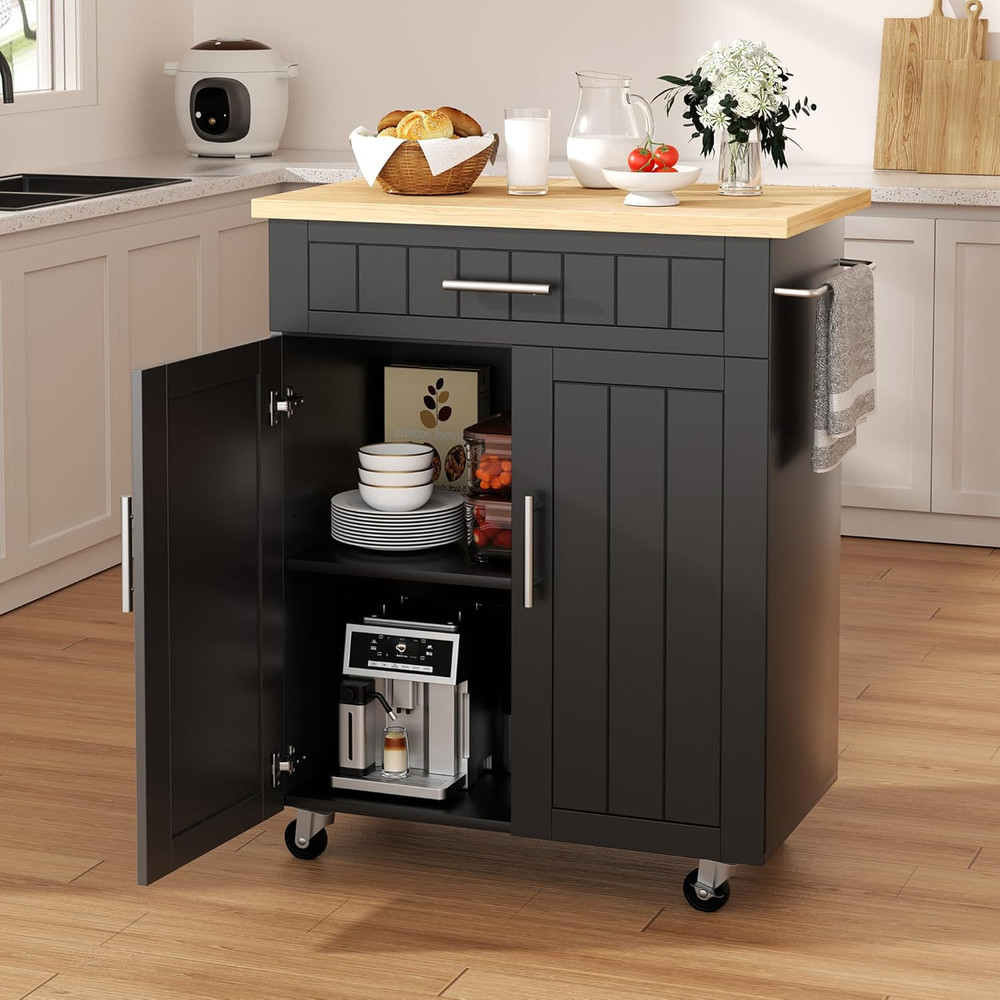 Rolling Kitchen Island Cart with Storage & Workstation - Black