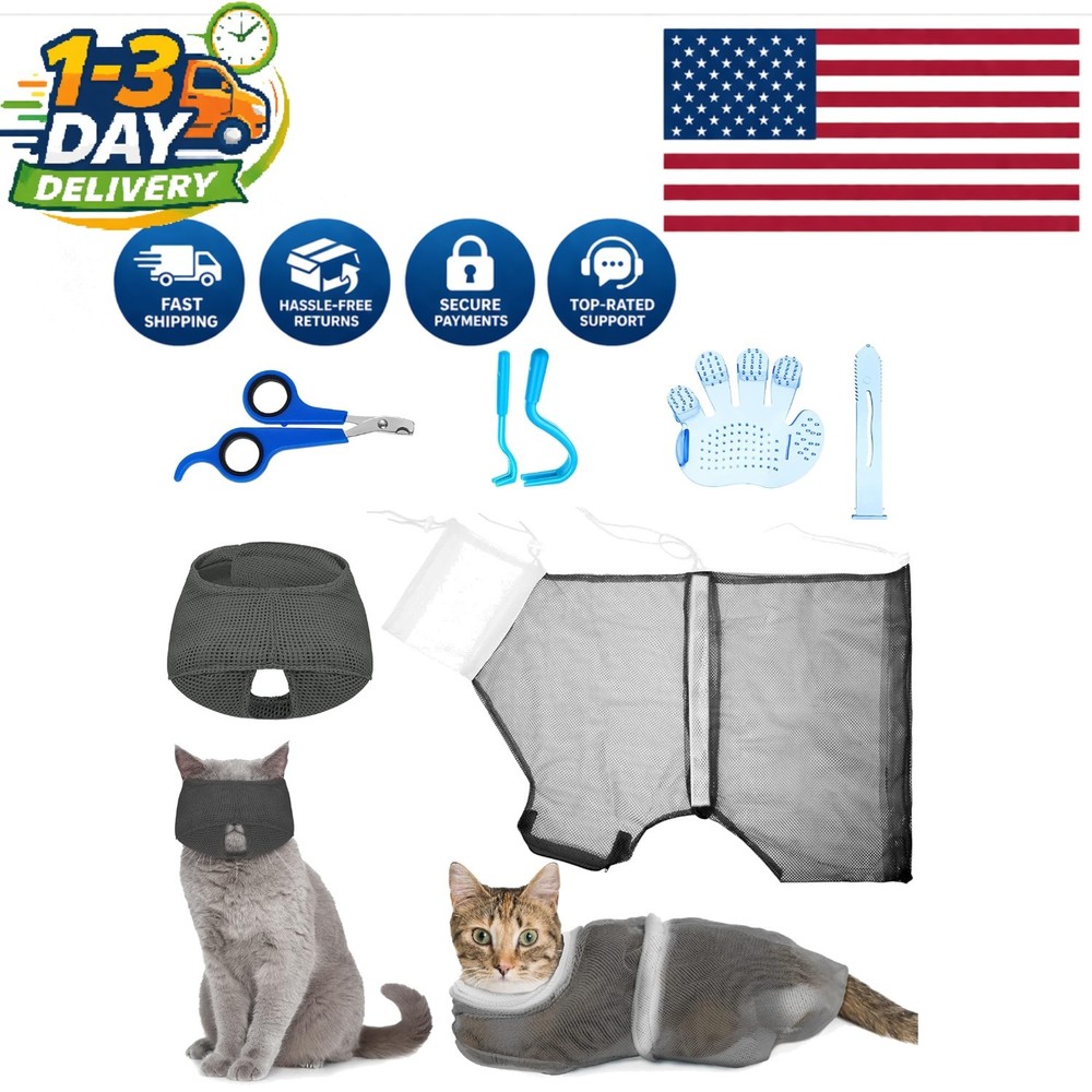 5-Piece Cat Bathing Set: Adjustable Grooming Bag, Muzzle & Clipper Essentials