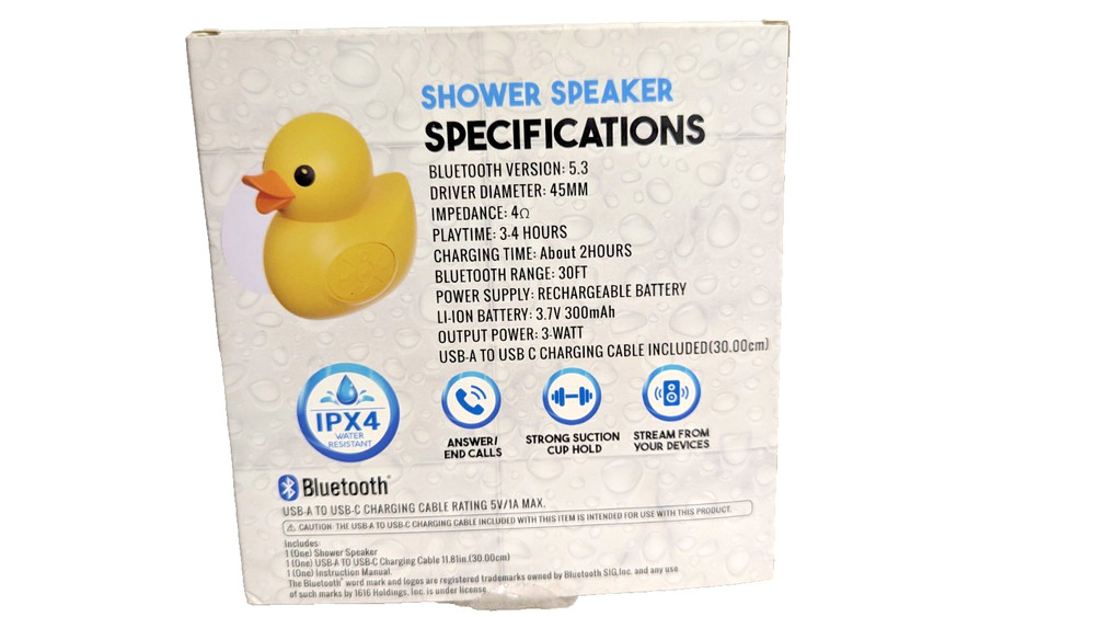 Aconic Rubber Duck Wireless Shower Speaker Bluetooth Stream from Devices NEW