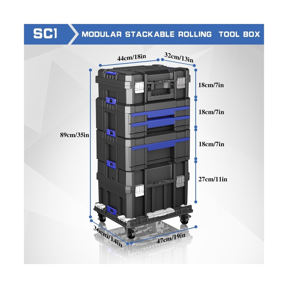 4 Tier Stackable Rolling Tool Box with Wheels | Modular Tool Organizer Box St...