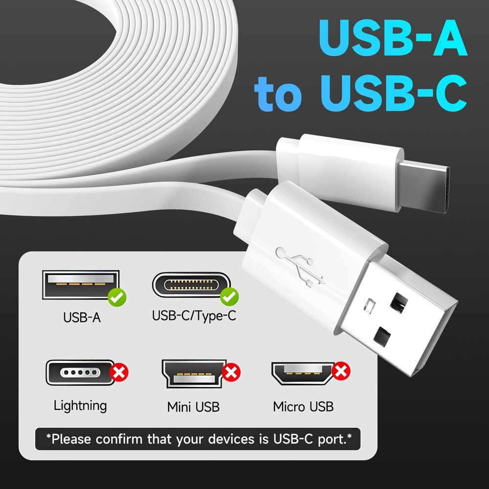 10FT/3M Flat Power Extension Cable for USB C Enabled Home Security Cameras or...