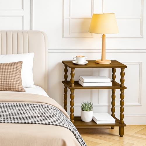 Narrow End Table, 3-Tier Small Side Table with Solid Wood Legs, Skinny Walnut