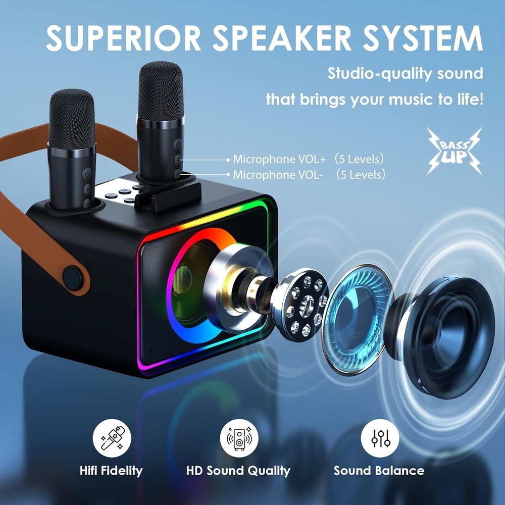 Karaoke Machine,Portable Bluetooth Speaker with 2 Wireless Microphone for Adu...
