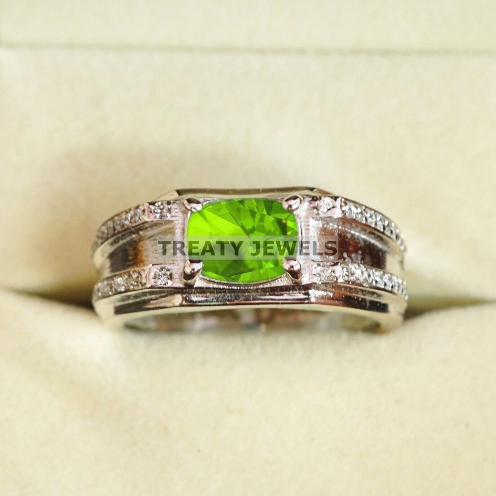 Peridot Oval Cut Gemstone With 14K Solid White Gold Ring For Men's #B453