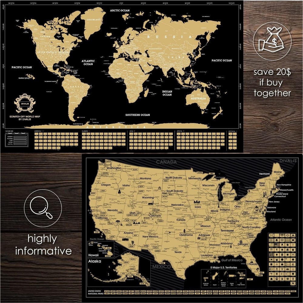 2 in 1 Gift Set - Scratch Off World Map and US Scratch off Map - Easy to Fram...