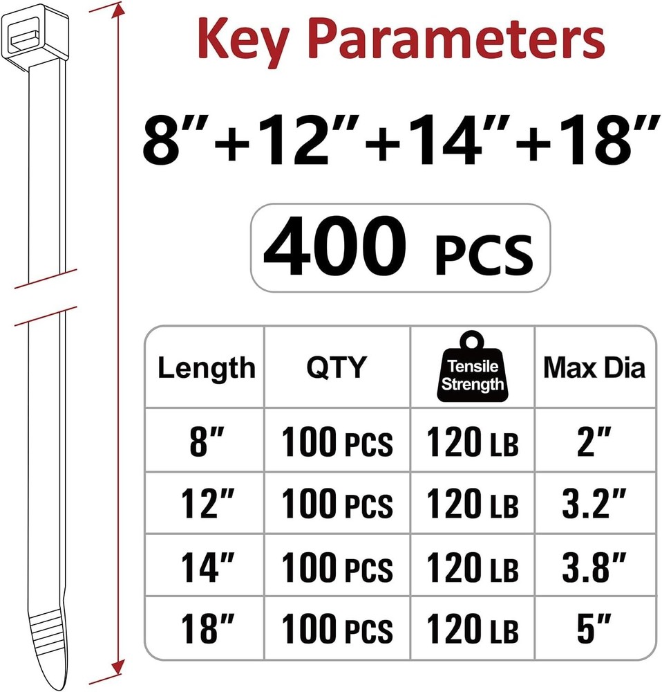Multi-Purpose Zip Ties Assorted Sizes - 400 Count with Self-Locking Design