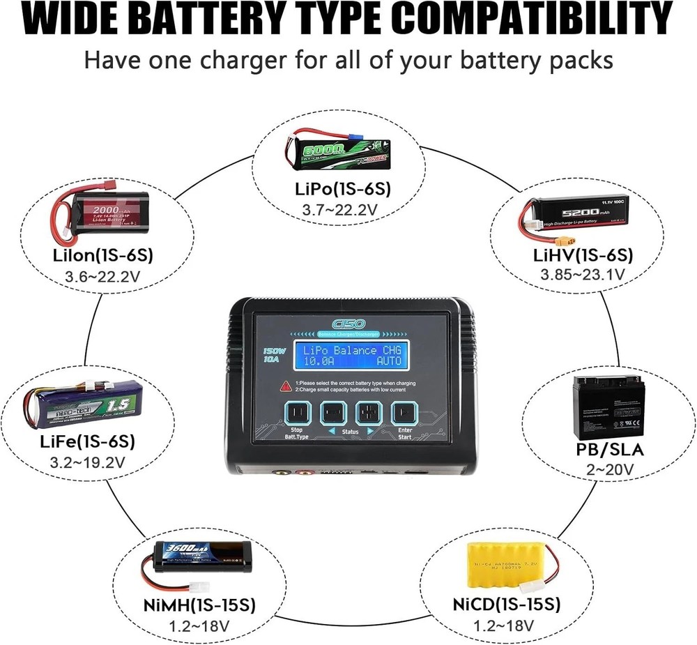 Versatile 150W 10A RC Fast Charger for Multiple Batteries