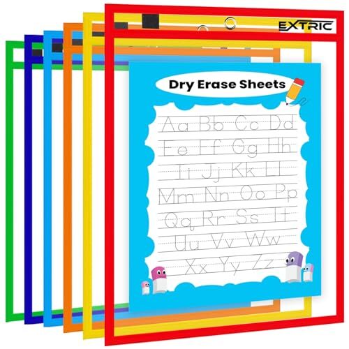 Dry Erase Pockets, 6 Plastic Paper Sleeves, Assorted Color Plastic 6 Pack