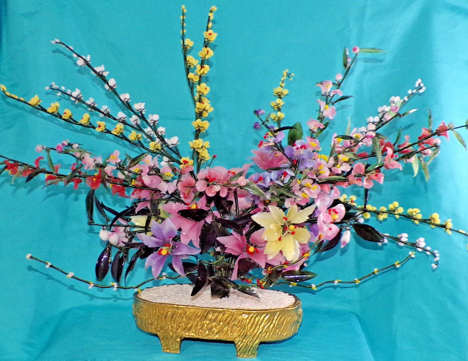 Large Jade Quartz Stone Glass Flower Bonsai Tree Vintage 20H x 30W Centerpiece