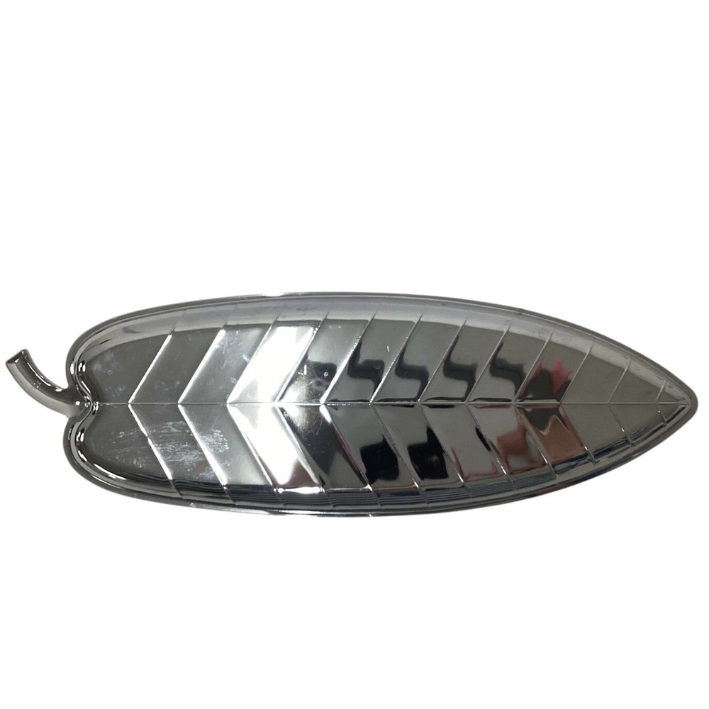 Silver Tone Leaf Shaped Metal Tray Dish 15”