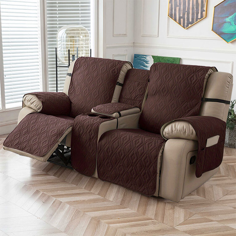100% waterproof recliner cover double with center console, strap design