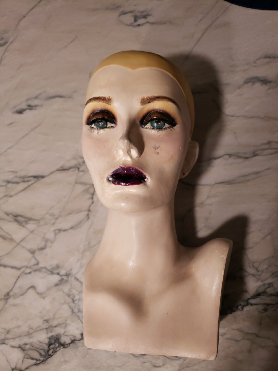 Vintage Plaster Mannequin Head Wig Painted Eyes Halloween Bust 14"H x 8"W