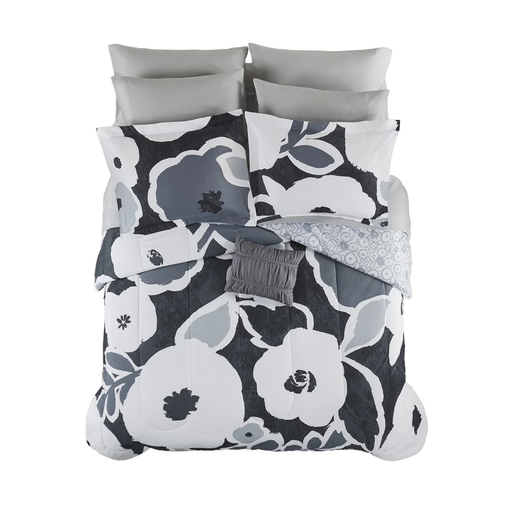 Mainstays 11 Piece Queen Size Bed Set with sheets - Black & White Floral Pattern
