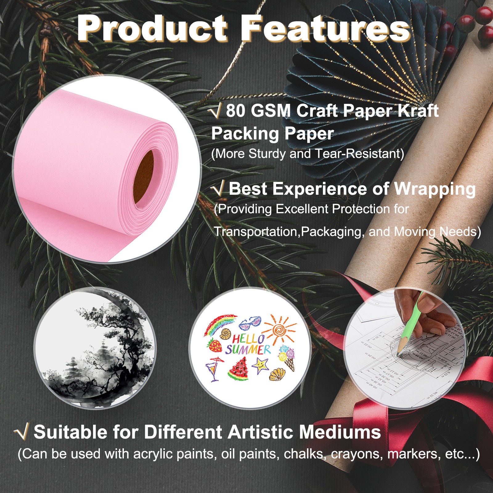 Wrapping Paper 15"x400"(33') 80 GSM Craft Paper Roll Kraft Packing Paper Pink