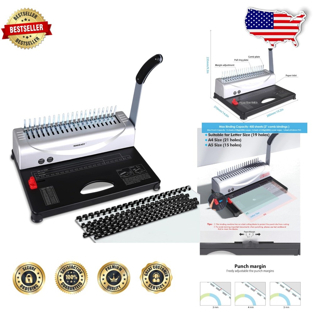 High Capacity Comb Binder, Metal, 21-Hole, 450 Sheets, Includes Binding Spines