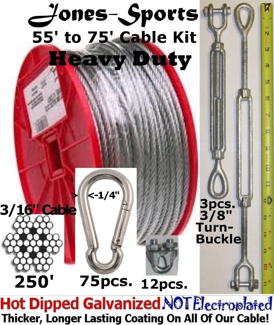 Batting Cage Cable Suspension Kits Indoor Outdoor 45' to 75' Installation Kit
