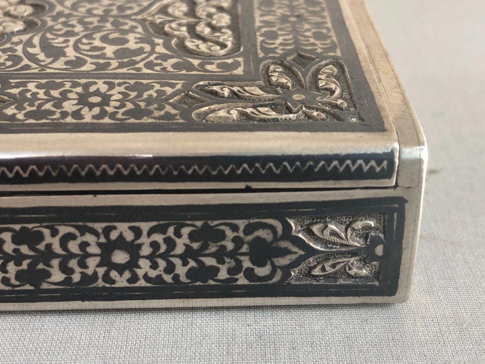 Antique Russian 84 Silver Niello Cigarettes Case in Middle Eastern Test.