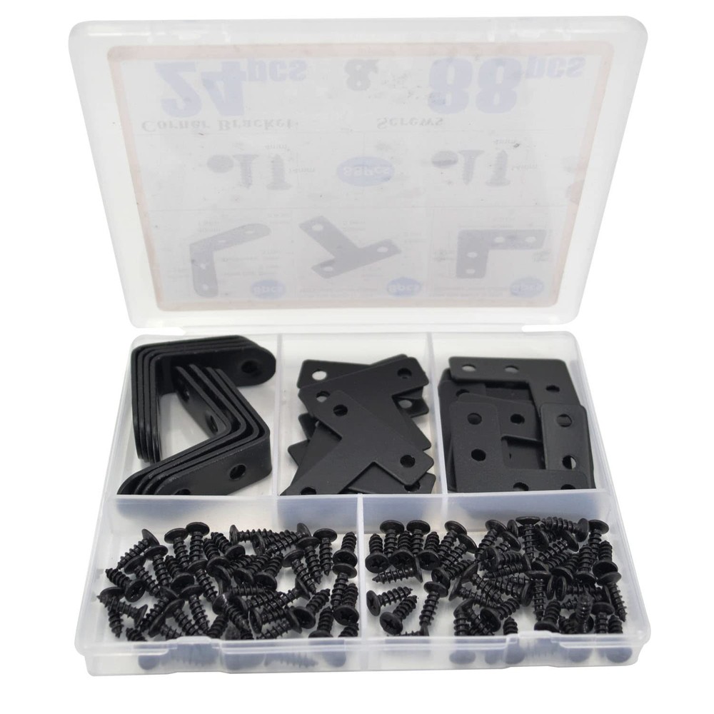 QSJ 24 Pack L Bracket Corner 24Pcs Set (Flat T/L/Solid L), Black