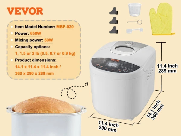 VEVOR 2LB 19-in-1 Bread Maker Automatic Compact Dough Machine Nonstick White