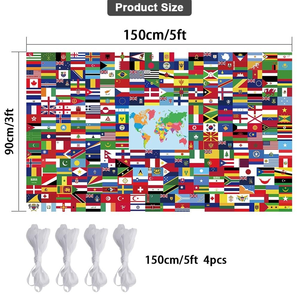 World Flags Banner - 5x3ft Polyester International Flag Backdrop with String ...