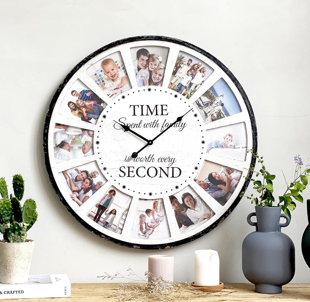 Large Wall Clock with Picture Frames Collage, Vintage Rustic Clock a - White