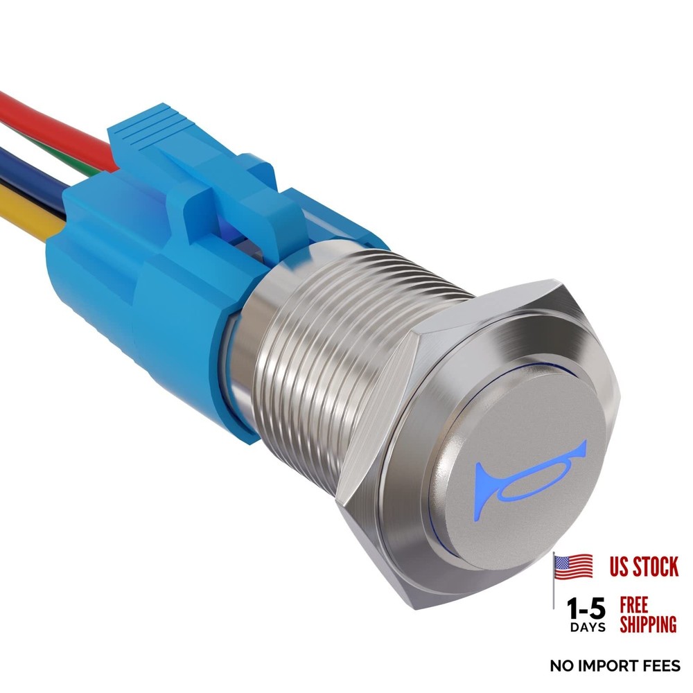 16mm 12V Momentary Speaker Horn Push Button Toggle Blue/Silver Shell 16MM