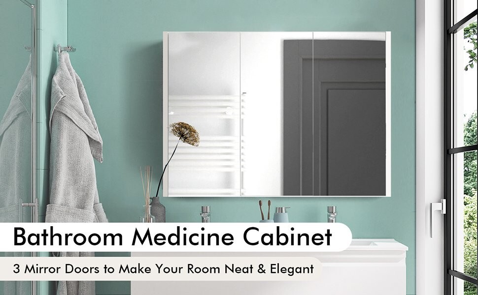 3-Doors Bathroom Medicine Cabinet Frameless Wall Mounted Mirror Adjustable Shelf