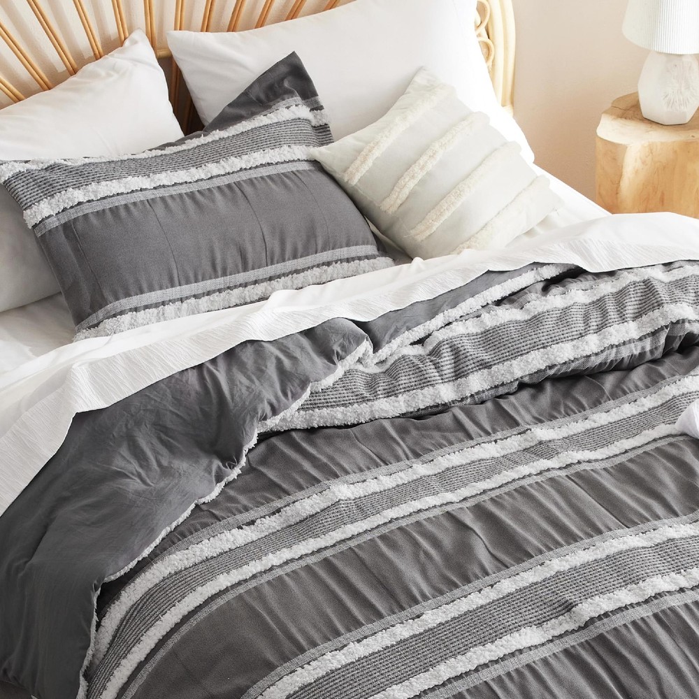 Bedsure Boho Comforter Set Queen - Dark Grey Jacquard Bedding Comforter Set, 3 P
